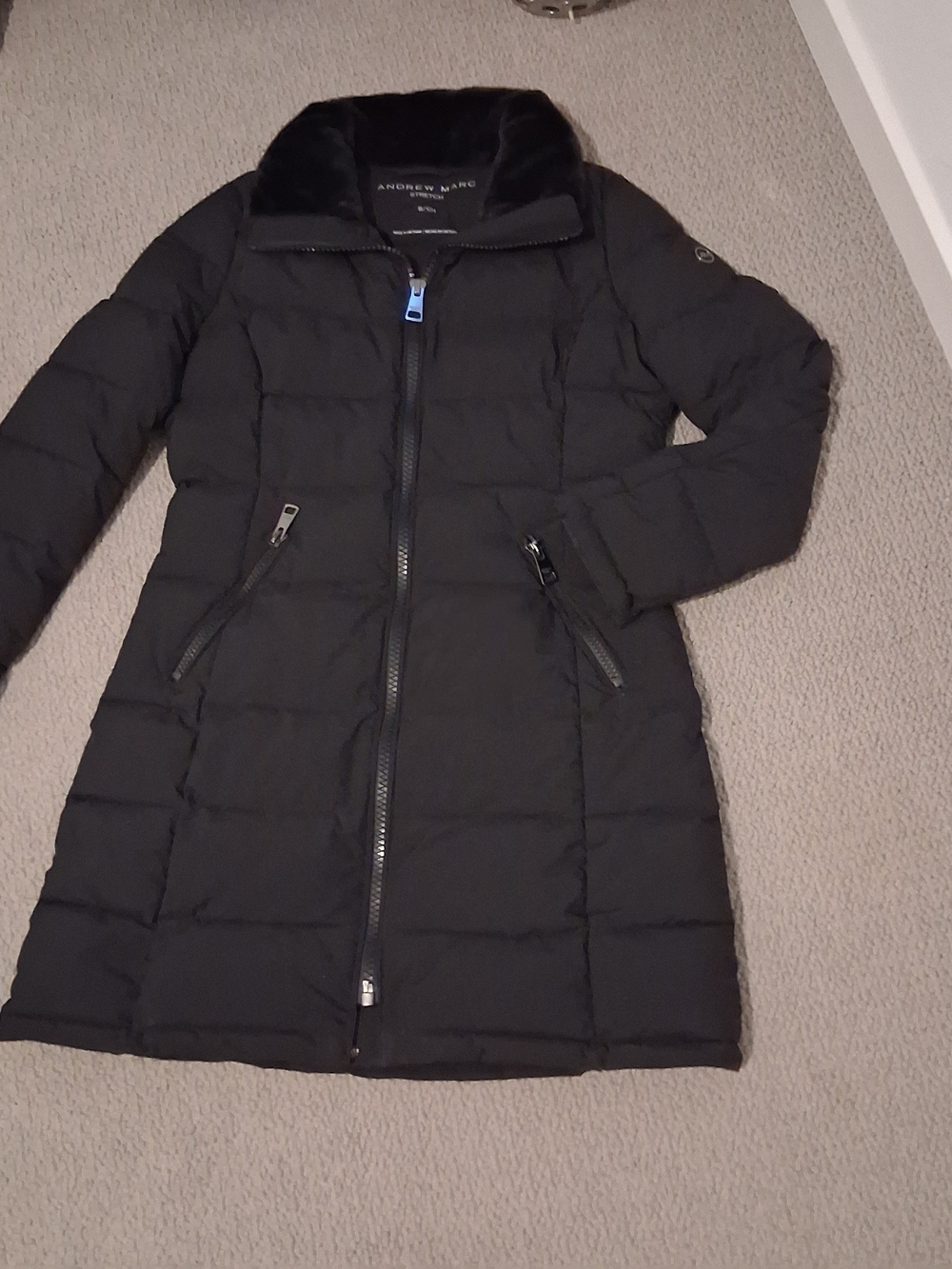 Andrew Marc Black Quilted Long Puffer Coat with Faux Fur Collar